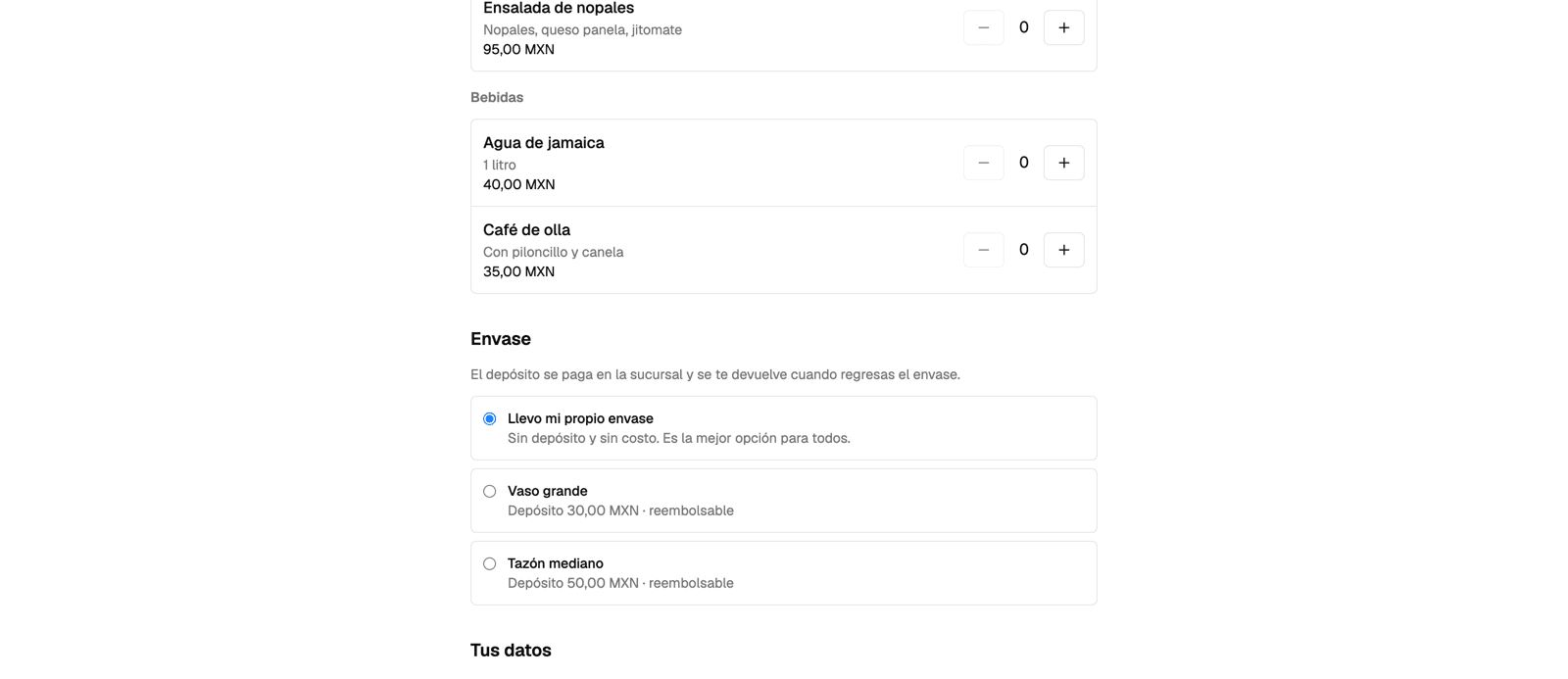 Tu cliente elige envase retornable — o el suyo propio — al pagar.